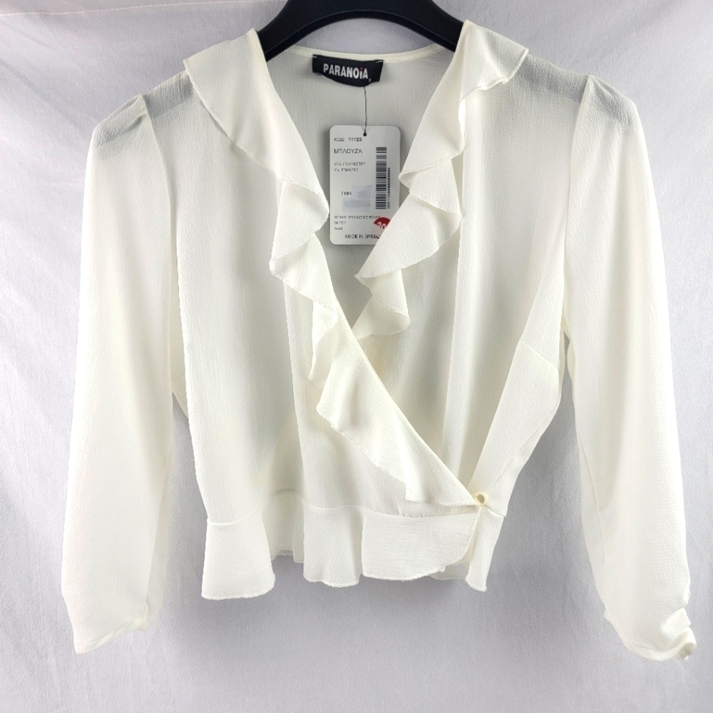 NWT Paranoia offwhite cropped ruffle wrap blouse made in Greece Size small